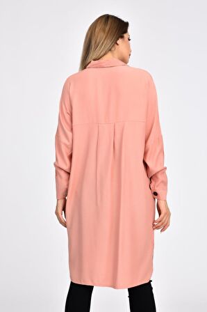 Cepli ve Baskılı Uzun Kollu Somon Kadın Gömlek