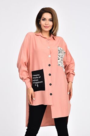 Cepli ve Baskılı Uzun Kollu Somon Kadın Gömlek