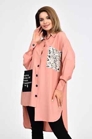 Cepli ve Baskılı Uzun Kollu Somon Kadın Gömlek