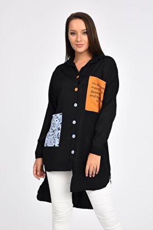 Cepli ve Baskılı Uzun Kollu Siyah Kadın Gömlek
