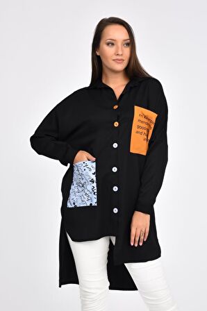 Cepli ve Baskılı Uzun Kollu Siyah Kadın Gömlek