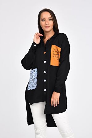 Cepli ve Baskılı Uzun Kollu Siyah Kadın Gömlek