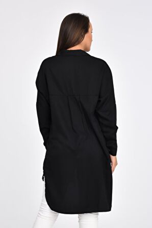 Cepli ve Baskılı Uzun Kollu Siyah Kadın Gömlek