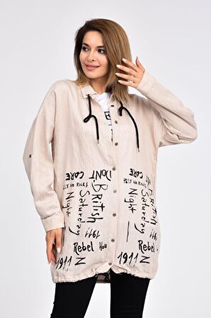 Kolları Katlanabilir Penyeli ve Bağcıklı Bej Kadın Gömlek