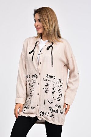 Kolları Katlanabilir Penyeli ve Bağcıklı Bej Kadın Gömlek