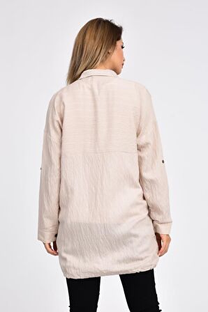 Kolları Katlanabilir Penyeli ve Bağcıklı Bej Kadın Gömlek