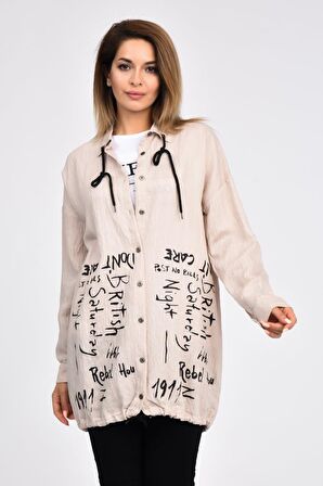 Kolları Katlanabilir Penyeli ve Bağcıklı Bej Kadın Gömlek