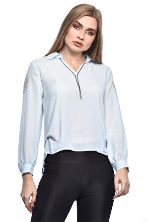 Uzun Kollu Nakış ve Taş Detaylı Düğmeli Bebe Mavi Kadın Gömlek