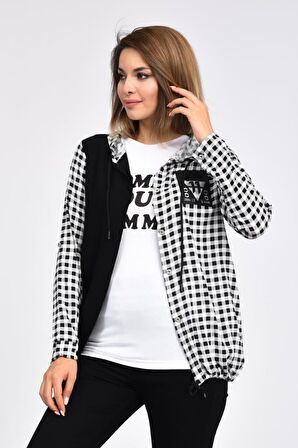 Kolları Katlanabilir Penyeli ve Yandan Cepli Kapüşonlu Beyaz Kadın Gömlek