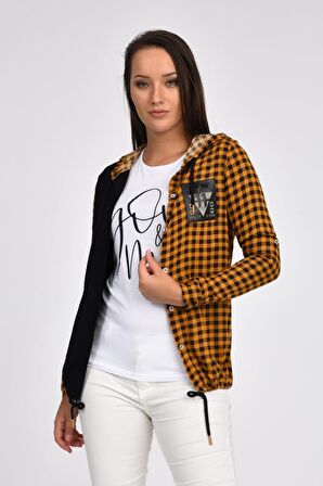 Kolları Katlanabilir Penyeli ve Yandan Cepli Kapüşonlu Hardal Kadın Gömlek