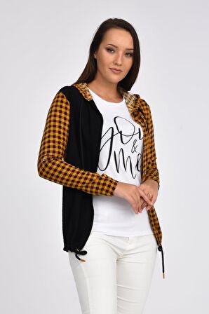 Kolları Katlanabilir Penyeli ve Yandan Cepli Kapüşonlu Hardal Kadın Gömlek