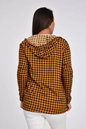 Kolları Katlanabilir Penyeli ve Yandan Cepli Kapüşonlu Hardal Kadın Gömlek