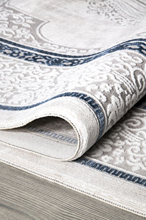 İpek Mekik Halı Gordion Mavi Beyaz Klasik Göbekli Halı