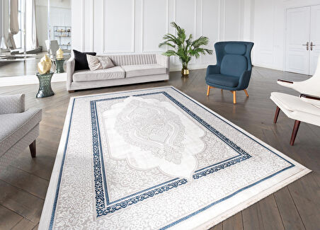 İpek Mekik Halı Gordion Mavi Beyaz Klasik Göbekli Halı