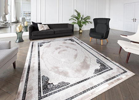 İpek Mekik Halı Gordion Siyah Ekru Klasik Desenli Halı