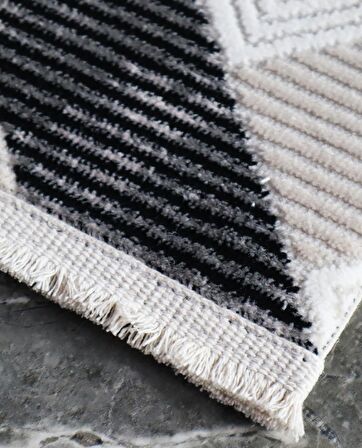 İpek Mekik Halı Gordion Siyah Kahve Geometrik Çizgili Halı