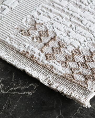 İpek Mekik Halı Gordion Kahve Ekru Eskitme Desenli Halı