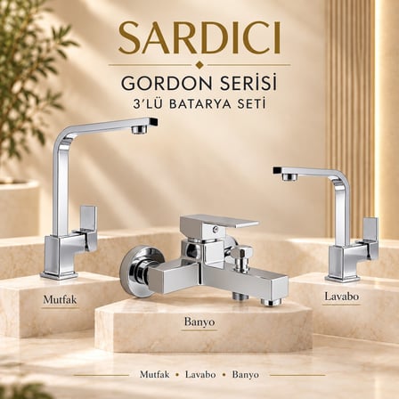 Sardıcı Gordon 3’lü Mutfak Lavabo Banyo Batarya Seti Pirinç Gövde Çift Su Girişli