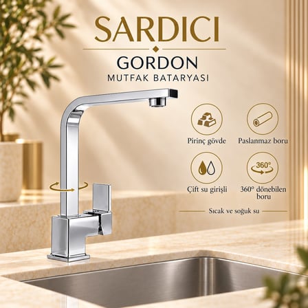 Sardıcı Gordon 3’lü Mutfak Lavabo Banyo Batarya Seti Pirinç Gövde Çift Su Girişli