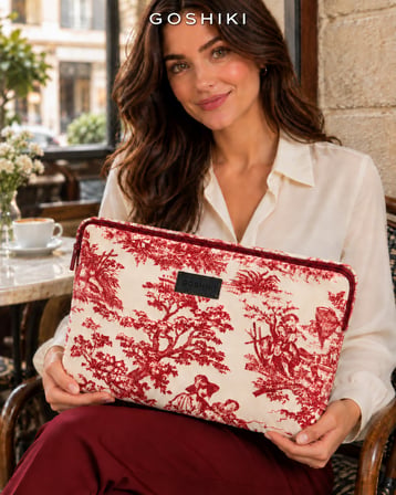Jiki Laptop Kılıfı 13-14 İnç Macbook Uyumlu Vintage Desenli Kırmızı Beyaz Fermuarlı Dolgulu Notebook Çantası