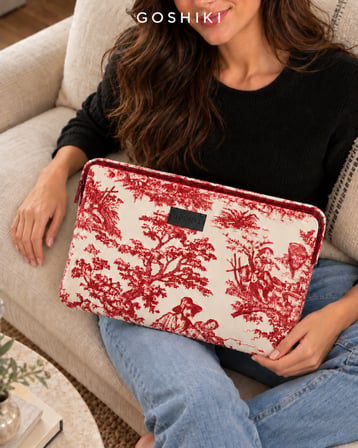 Jiki Laptop Kılıfı 13-14 İnç Macbook Uyumlu Vintage Desenli Kırmızı Beyaz Fermuarlı Dolgulu Notebook Çantası