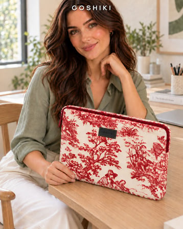 Jiki Laptop Kılıfı 13-14 İnç Macbook Uyumlu Vintage Desenli Kırmızı Beyaz Fermuarlı Dolgulu Notebook Çantası