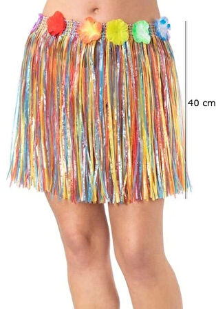 Yetişkin Ve Uyumlu Rengarenk Püsküllü Hawaii Luau Hula Etek 40 Cm