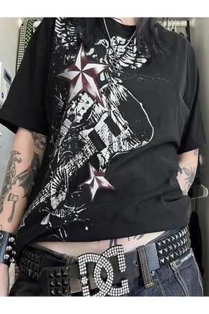 Star Punk Paint Baskılı Unisex Oversize T-shirt