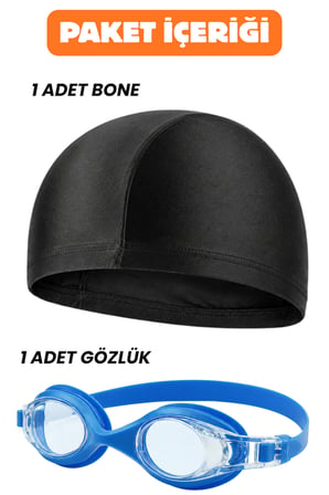 2'li Set Yüzücü Gözlüğü Kumaş Bone Set Yüzme Havuz Deniz Gözlüğü Mavi