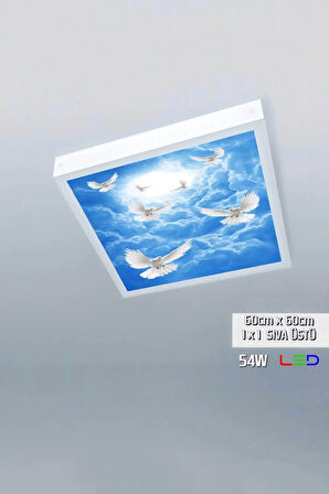 1x1-tekli-60x60-tavana Yapışık Led Panel-54w-sıva Üstü-kolay Montaj-bulutlu Kuşlar- Led