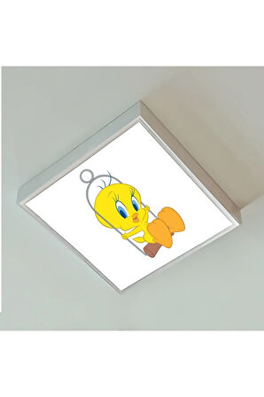 Tweety Çocuk Led Lamba-54w Göz Yormayan Aydınlatma-60cmx60cm Kare-beyaz Işık,beyaz Metal Çerçeve