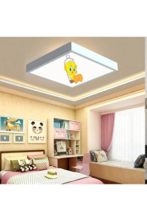 Tweety Çocuk Led Lamba-54w Göz Yormayan Aydınlatma-60cmx60cm Kare-beyaz Işık,beyaz Metal Çerçeve