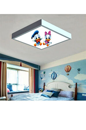 Baby Donald Duck Çocuk Odası Led Avize Göz Yormayaz-60 cmx60 cm Kare Beyaz Işık Beyaz Metal Çerçeve