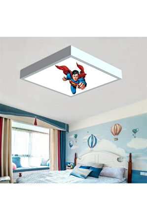 Super Man Çocuk Led Avize-ışık 60w Güçlü Aydınlatma-60x60 Beyaz Kare Çerçeve- Çocuk Avize Modelleri