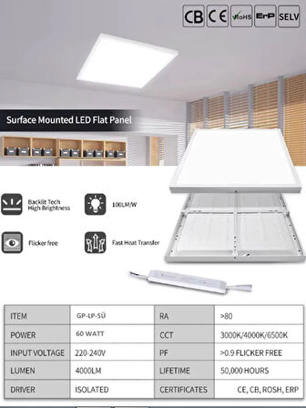 60W SIVA ÜSTÜ BEYAZ IŞIK-Led panel-Kendinden Kasalı profosyonel Led Armatür