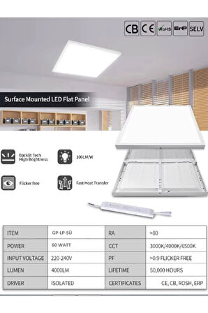 60x60 Led Panel, Sıva üstü, 60 watt, led armatür, kendinden kasalı, 6400 K, Beyaz Işık, Tavana Model