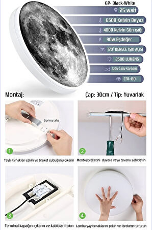 Moon Led Aplik 30cm Çap 25watt Led, Ay Led Duvar Lambası, Uv Baskı Modern Led Aplik