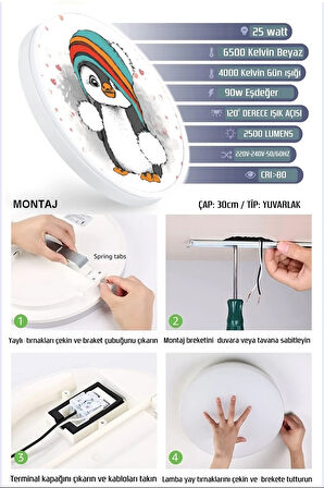 Sevimli Penguen Aplik-led Aplik-25watt-30cm Çap,çocuk Odası Aplik, Aplik Modelleri,trendyol Aplik