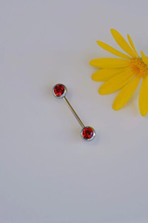 Kırmızı Tektaş Model Nipple Piercing Meme Ucu Piercingi Gümüş Renkli