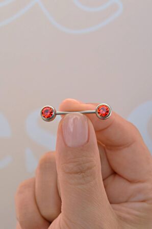 Kırmızı Tektaş Model Nipple Piercing Meme Ucu Piercingi Gümüş Renkli