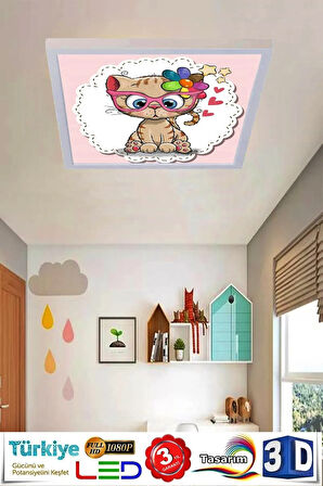 Kedicik Çocuk Odası Tavan Aydınlatma Led Avize,60cm Kare, 60watt Modern Çerçeve
