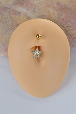 Yıldız Model Göbek Piercingi Yıldızlı Çelik Gold