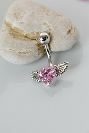 Çelik Pembe Kalpli Melek Kanadı Göbek Piercingi Gümüş Renkli