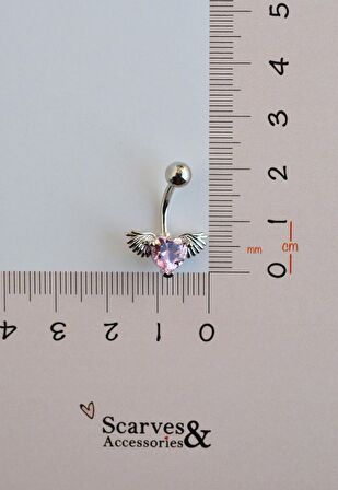 Çelik Pembe Kalpli Melek Kanadı Göbek Piercingi Gümüş Renkli