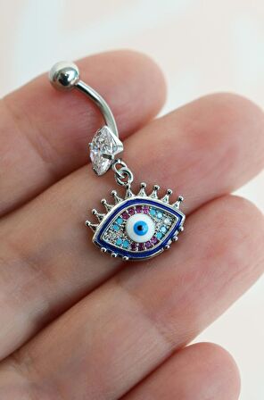Çelik Multicolor Firuzeli Nazar Göz Göbek Piercing Gümüş Renkli