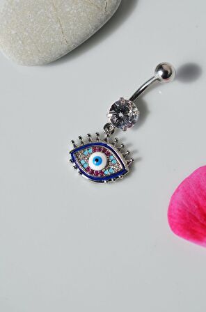 Çelik Multicolor Firuzeli Nazar Göz Göbek Piercing Gümüş Renkli
