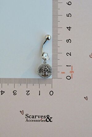 Çelik Hayat Ağacı Figürlü Göbek Piercing Gümüş Renk