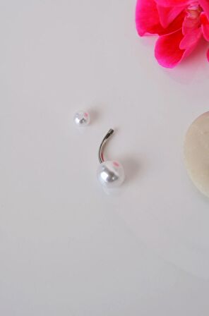 İncili Göbek Piercingi Çelik Gümüş Renkli Top İnci