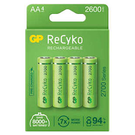 GP Batteries ReCyko 2700 AA Kalem Ni-MH Şarjlı Pil, 1.2 Volt, 4'lü Kart