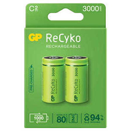 GP Batteries ReCyko 3000 C Boy Ni-Mh Şarjlı Pil, 1.2 Volt, 2'li Kart